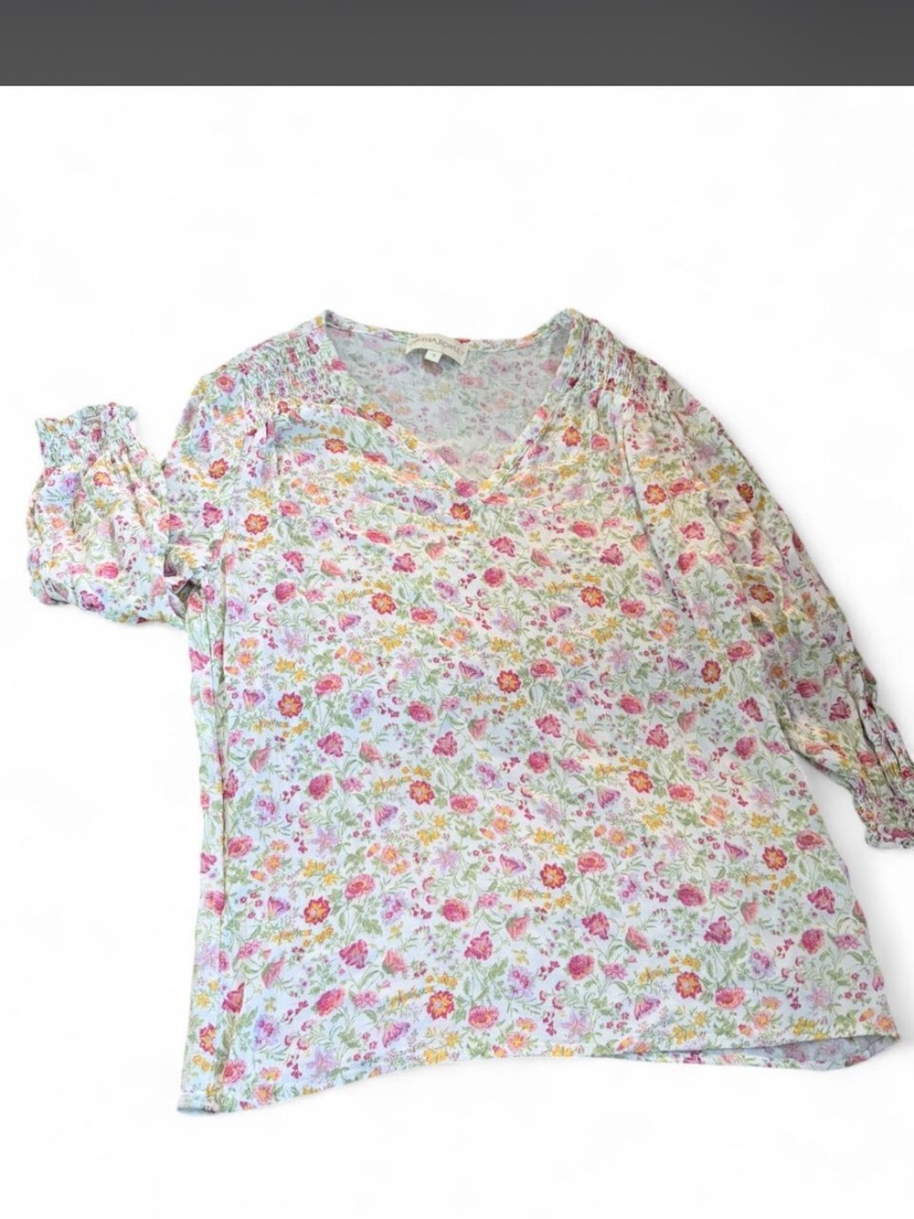 Cynthia Rowley Floral V‑Neck Blouse - Pink, Yellow & Green
